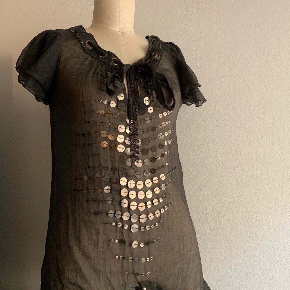 NWT The Denim Bar Black Sheer Top with Design Sz S